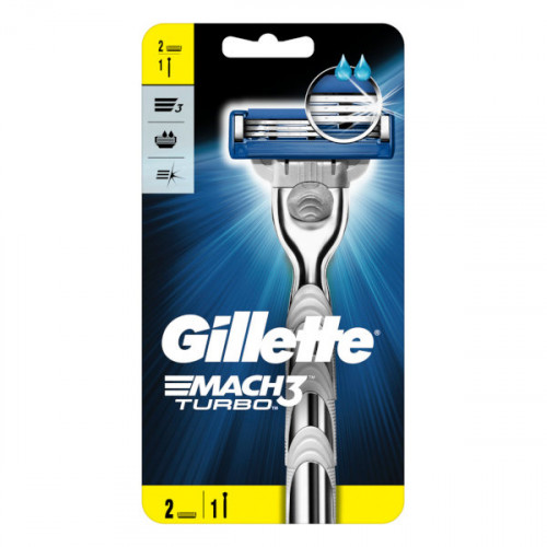 Gillette Mach3 Turbo Razor Handle + 2 Blades -- جيليت ماك 3 تربو- مقبض ماكينة حلاقة + 2 شفرة