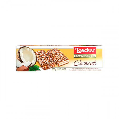 Loaker Wafers Pasticceria Coconut 100gm -- ويفر بكريمه جوز الهند و شيكولاته الحليب 100 جرام من لاوكر